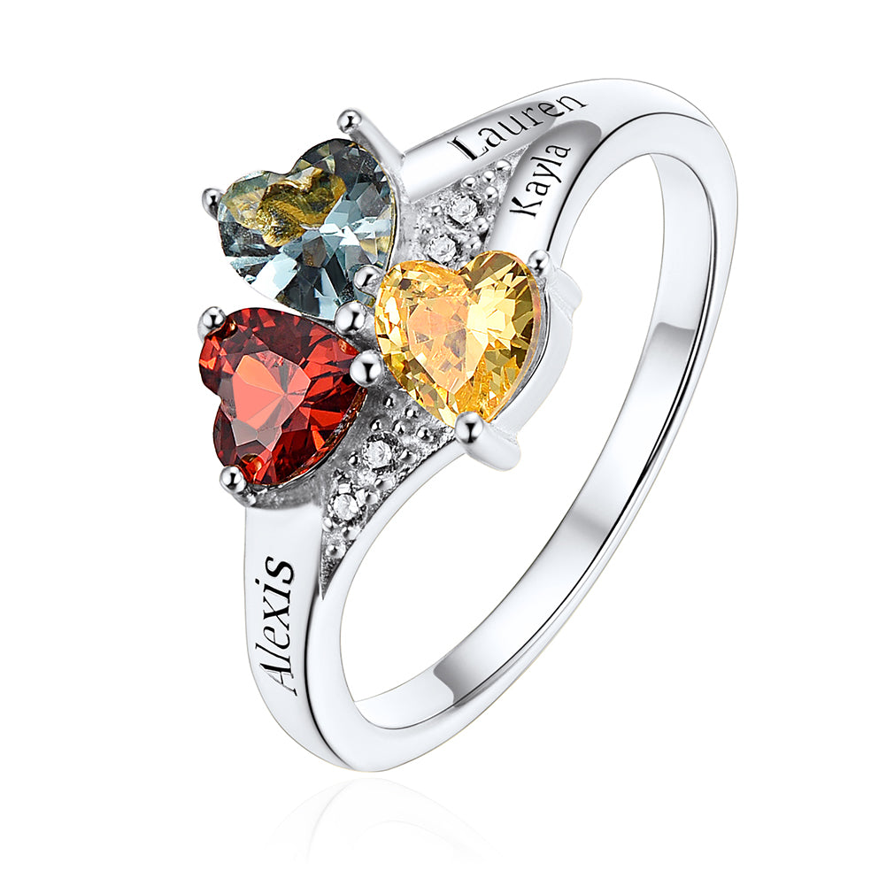 personalized 3 birthstone ring for women, featuring a heart-shaped purple stone and custom engraving on the band.