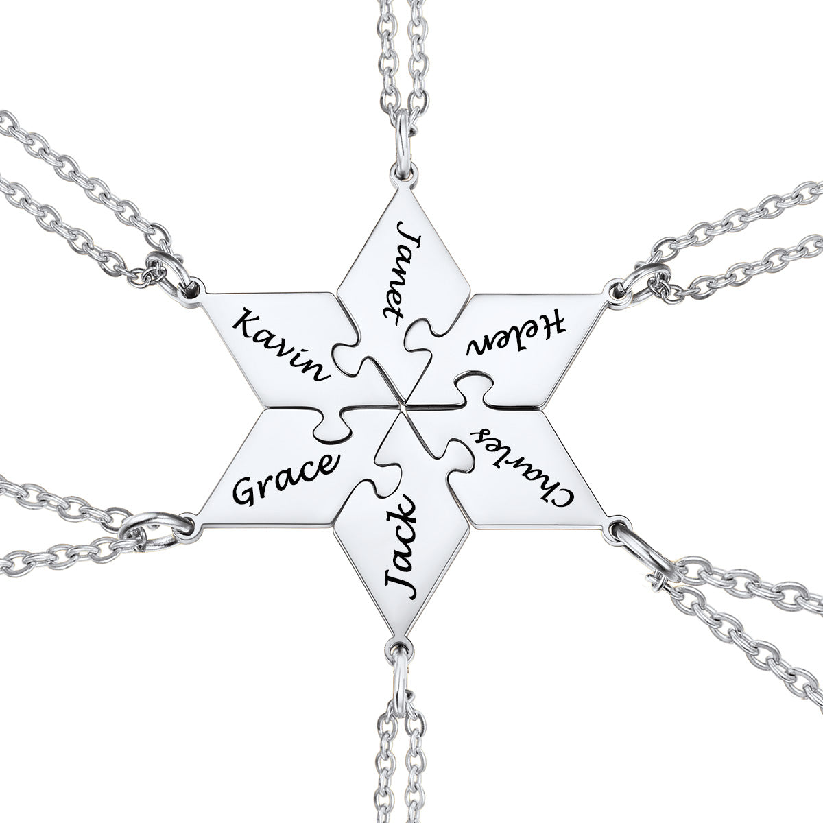 silver puzzle necklace with interlocking puzzle pieces engraved with names on a white background