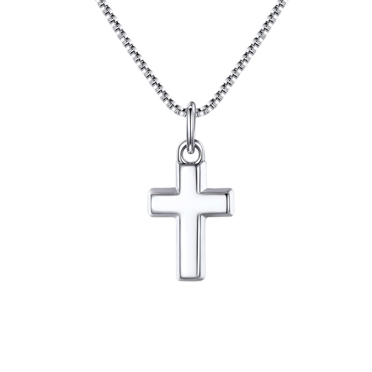 Silver cross pendant on a chain against a white background