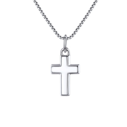 Silver cross pendant on a chain against a white background