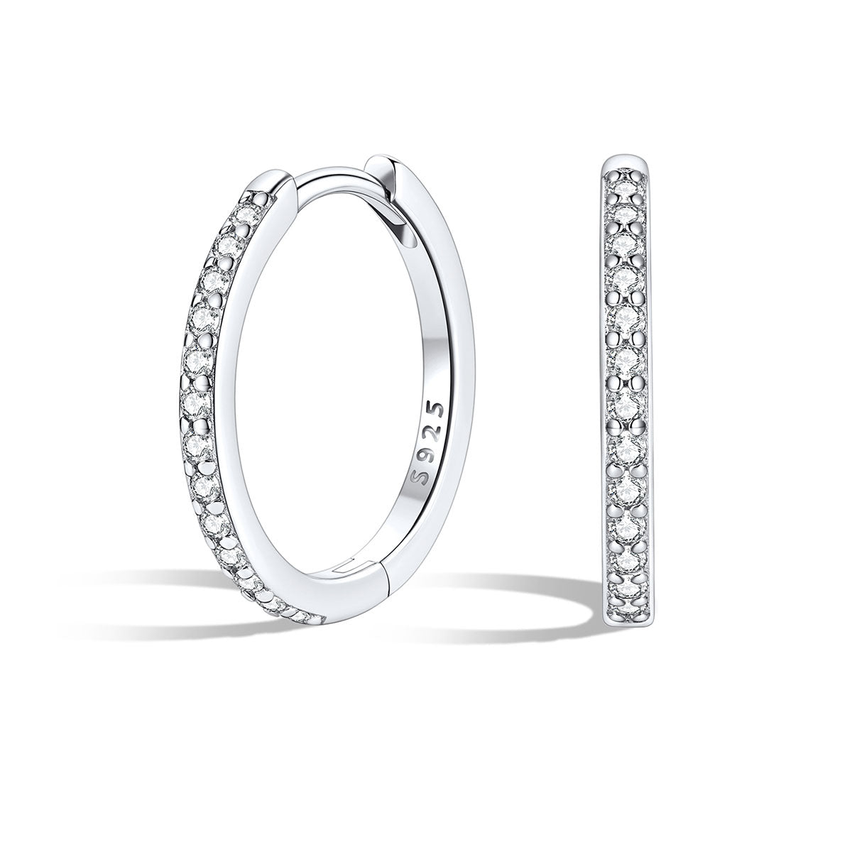 sterling Silver 14mm huggie earrings with embedded stones on a white background