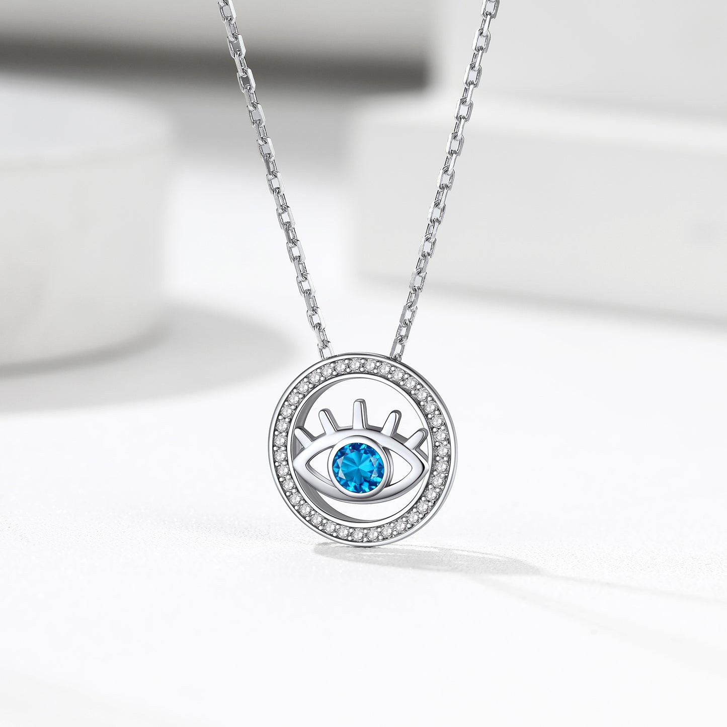 Sterling Silver Evil Eye Round Birthstone Necklace For Women