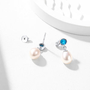 Sterling Silver Round Birthstone Pearl Drop Earrings For Women