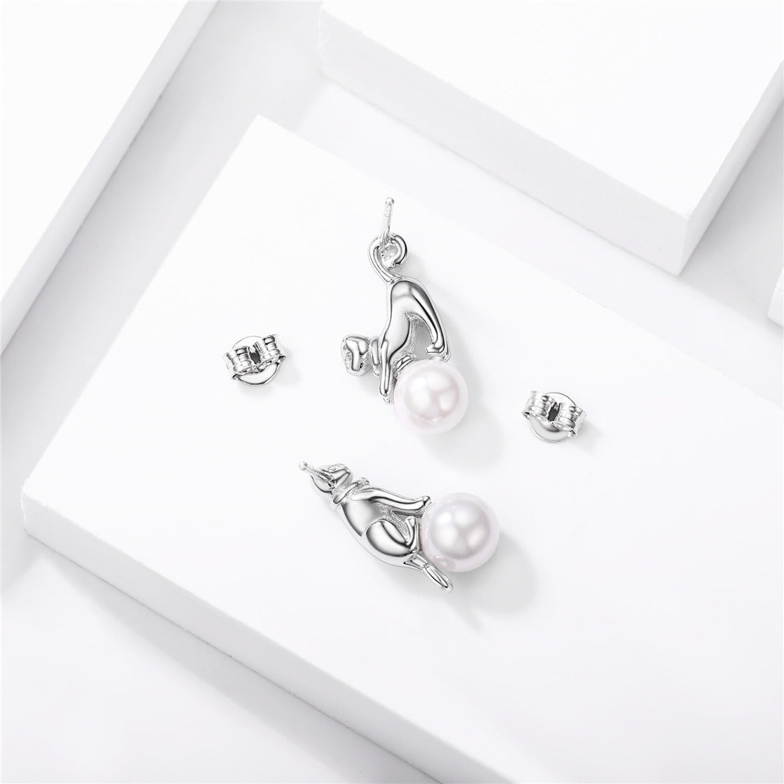 Asymmetrical Sterling Silver Cat Pearl Stud Earrings