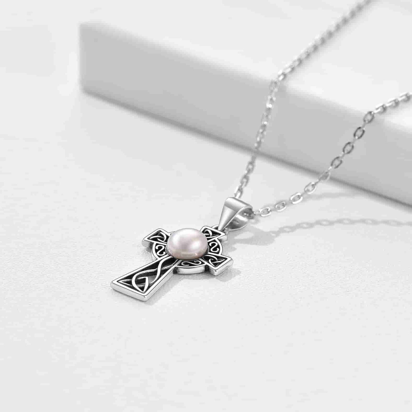 Sterling Silver Celtic Knot Cross Pearl Necklace
