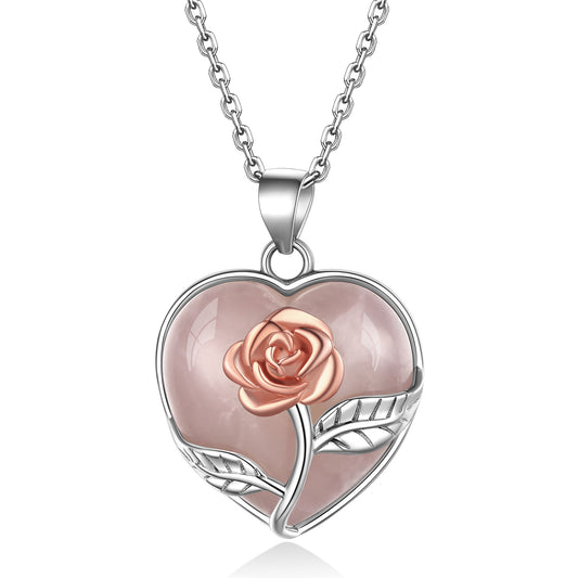 ⚡Flash Sale Sterling Silver Rose Flower Healing Crystal Heart Necklace