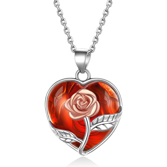 ⚡Flash Sale Sterling Silver Rose Flower Healing Crystal Heart Necklace