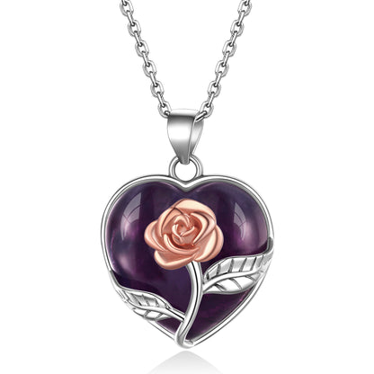 Sterling Silver Rose Flower Healing Crystal Heart Necklace