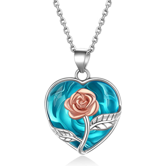 Collier de coeur en cristal de guérison de fleur de rose en argent sterling