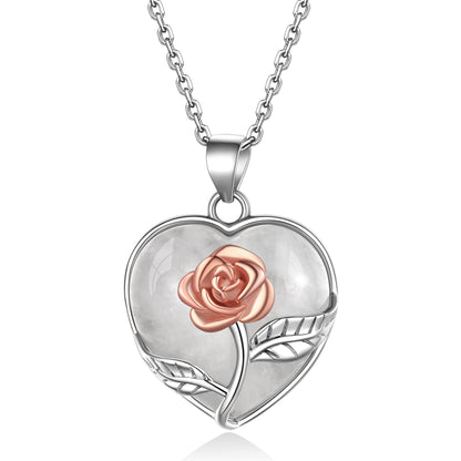 Sterling Silver Rose Flower Healing Crystal Heart Necklace