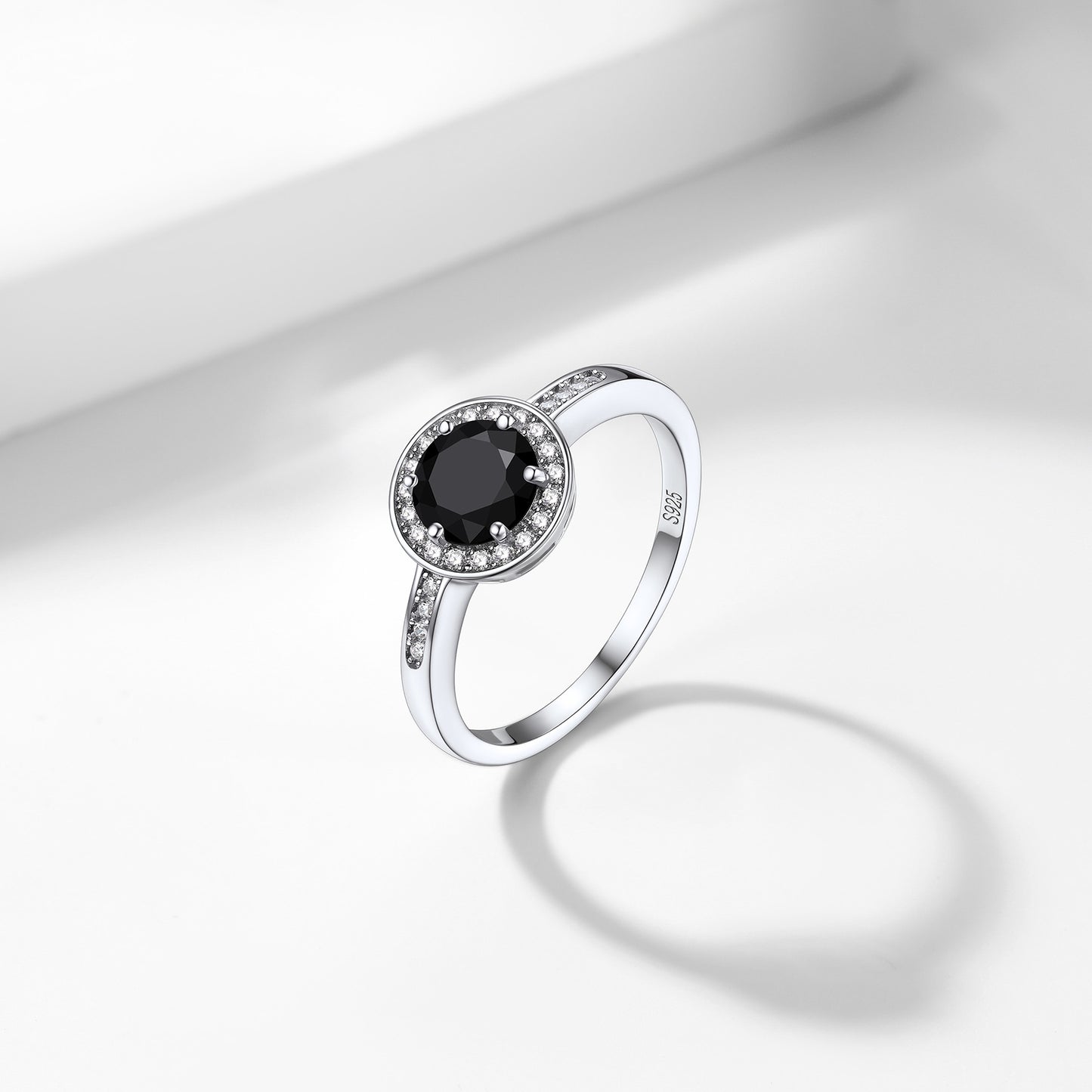 Sterling Silver Black Cubic Zirconia Round Halo Gemstone Rings