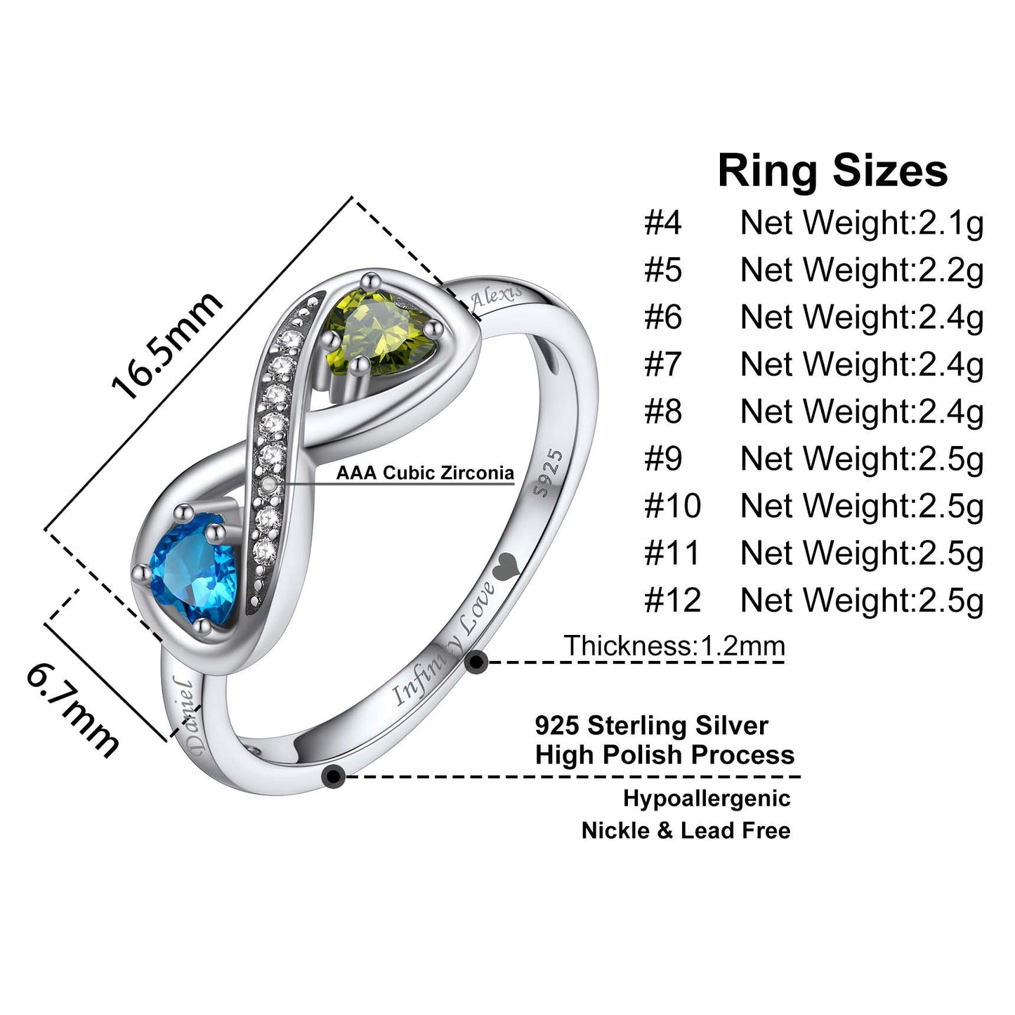 925 Sterling Silver Personalized Name Birthstone Infinity Promise Ring
