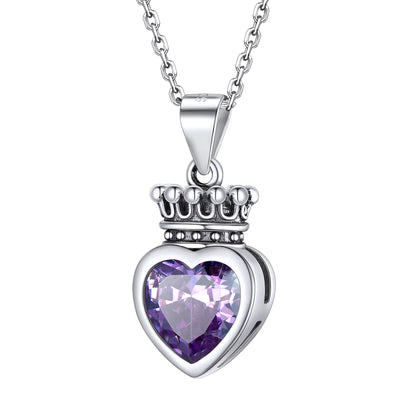 Sterling Silver Crown Heart Birthstone Necklace For Women