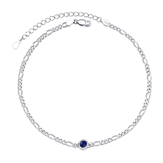 Birthstone Anklet Sterling Silver Figaro Chain Anklet