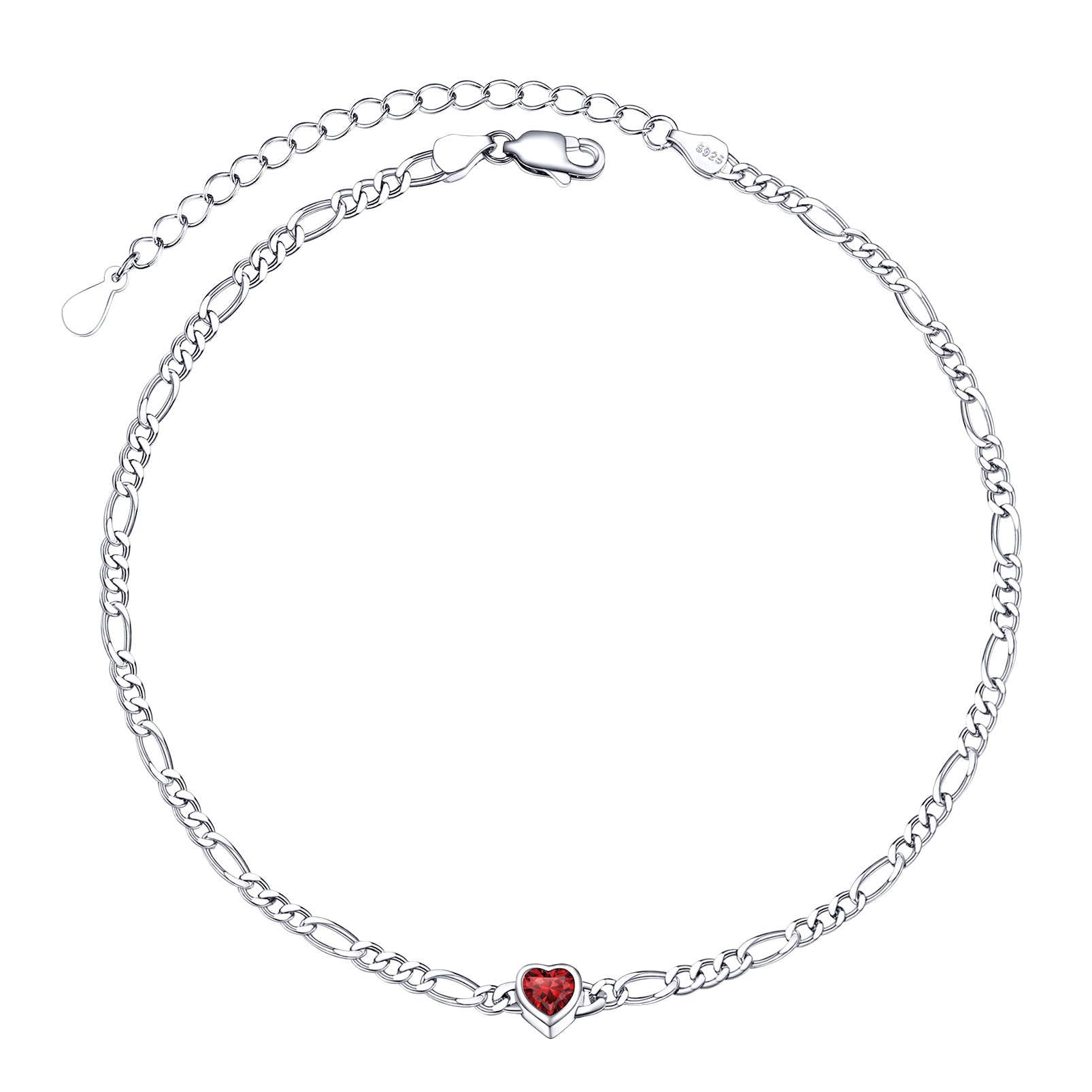 925 Sterling Heart Birthstone Figaro Anklet