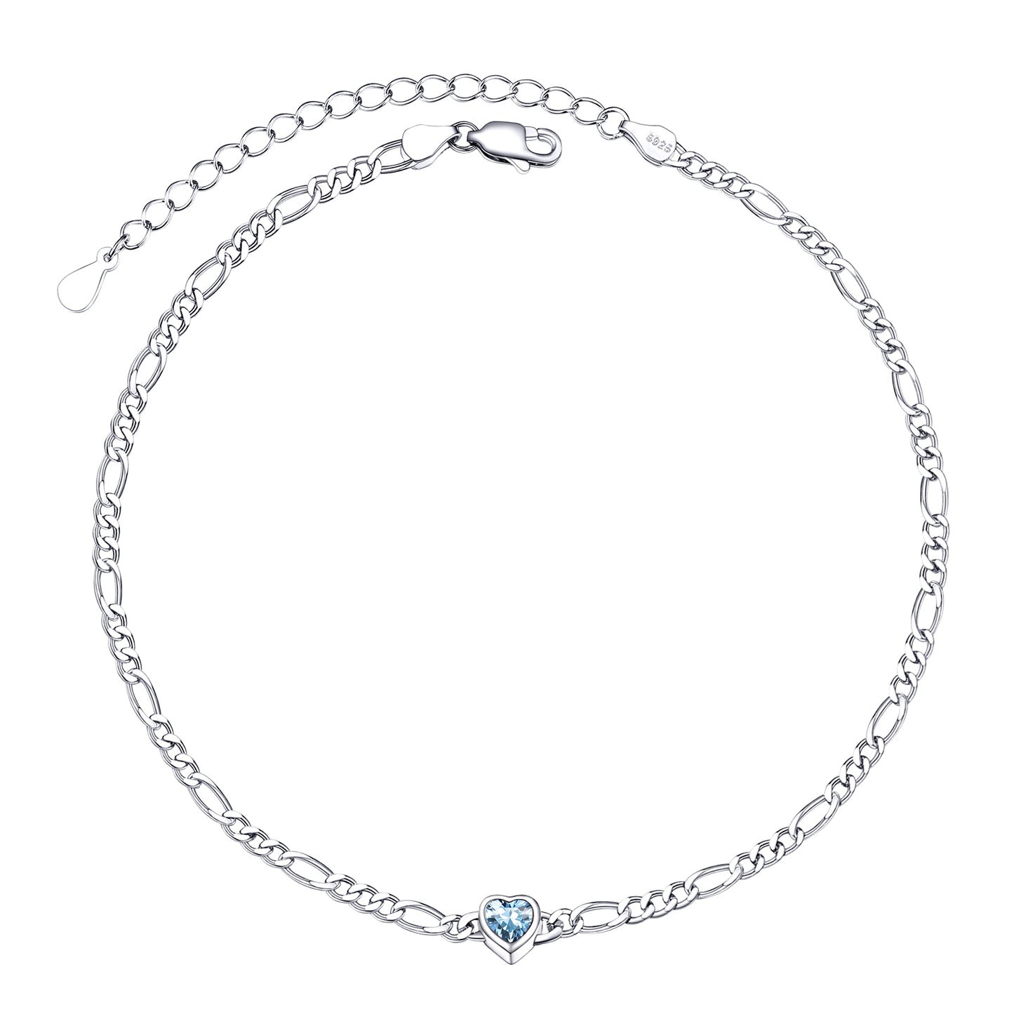 Bracelet de cheville chaîne Figaro en argent sterling avec pierre de naissance et cœur