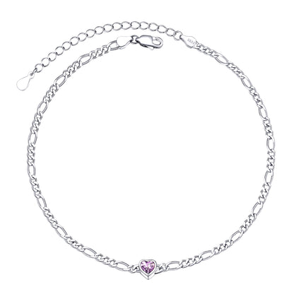 925 Sterling Silver Heart Birthstone Figaro Chain Anklet for Women