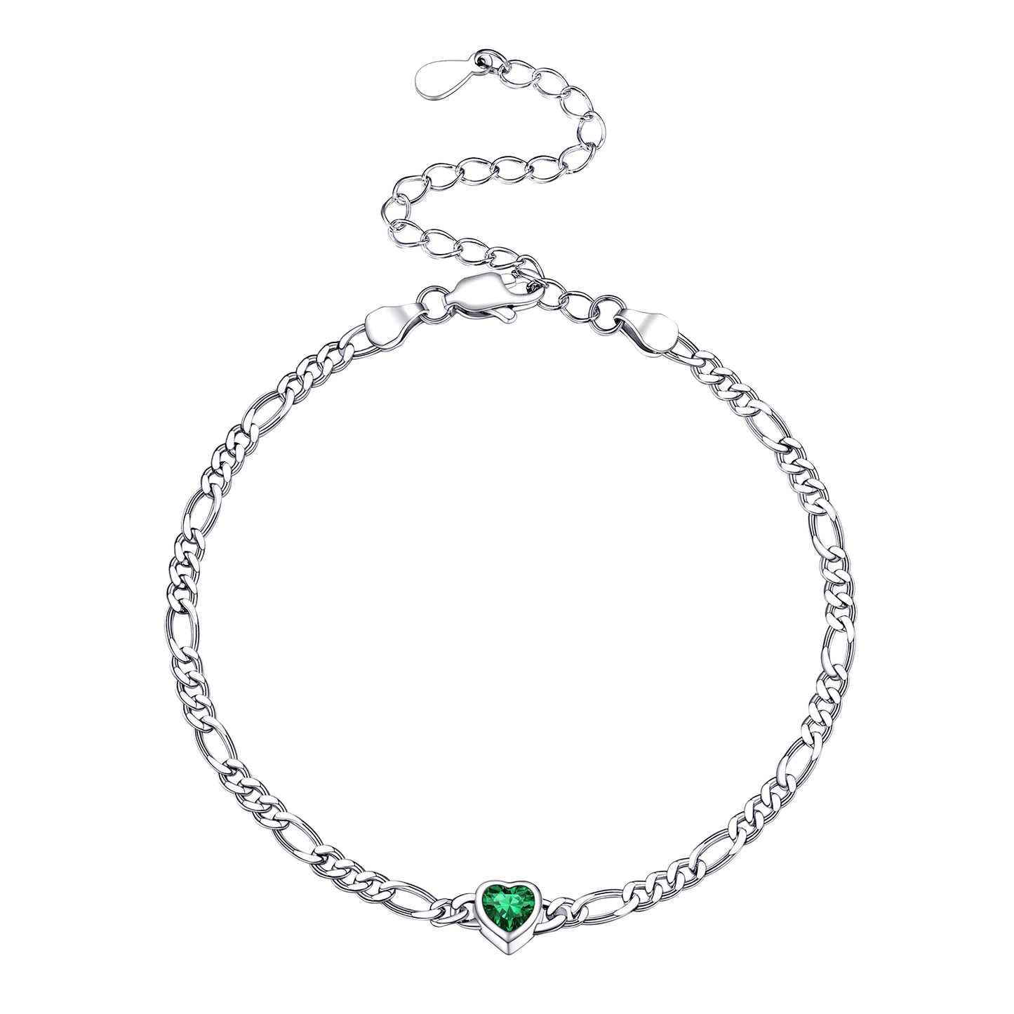 Heart Birthstone Sterling Silver Figaro Chain Bracelet