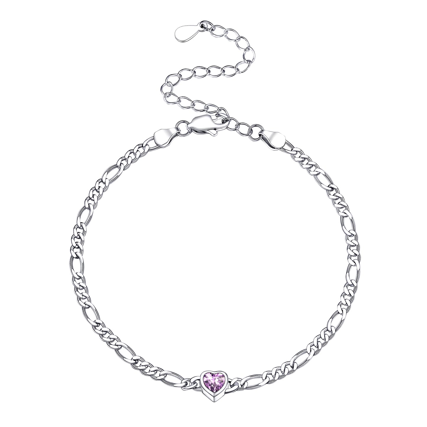 Bracelet chaîne Figaro en argent sterling avec pierre de naissance en forme de cœur