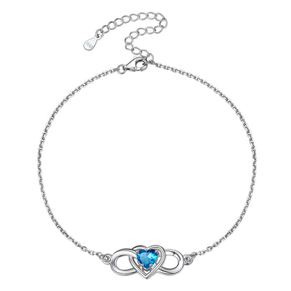 925 Sterling Silver Infinity Heart Birthstone Anklet For Women