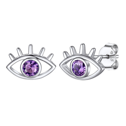 Sterling Silver Birthstone Evil Eye Stud Earrings For Women