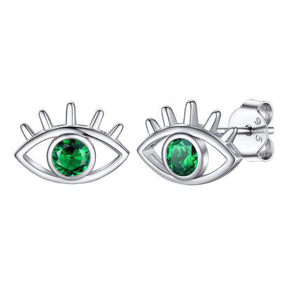 Sterling Silver Birthstone Evil Eye Stud Earrings For Women