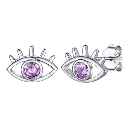 Sterling Silver Birthstone Evil Eye Stud Earrings For Women