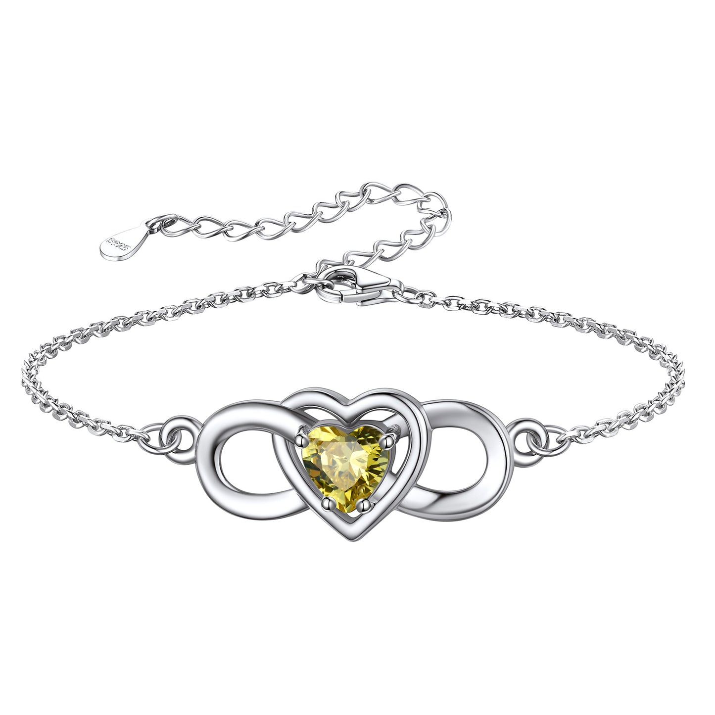 925 Sterling Silver Infinity Love Heart Birthstone Chain Bracelet