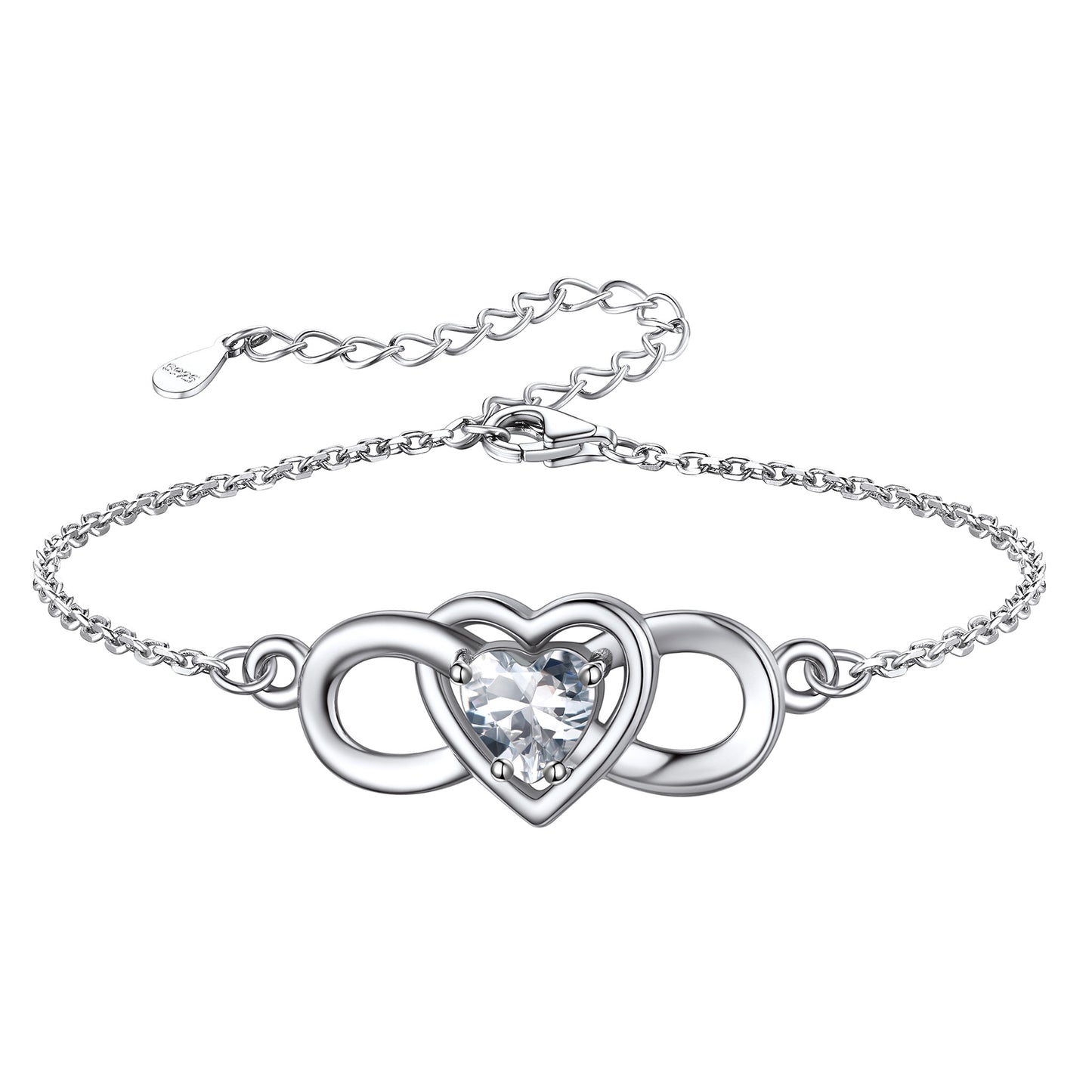 925 Sterling Silver Infinity Love Heart Birthstone Chain Bracelet