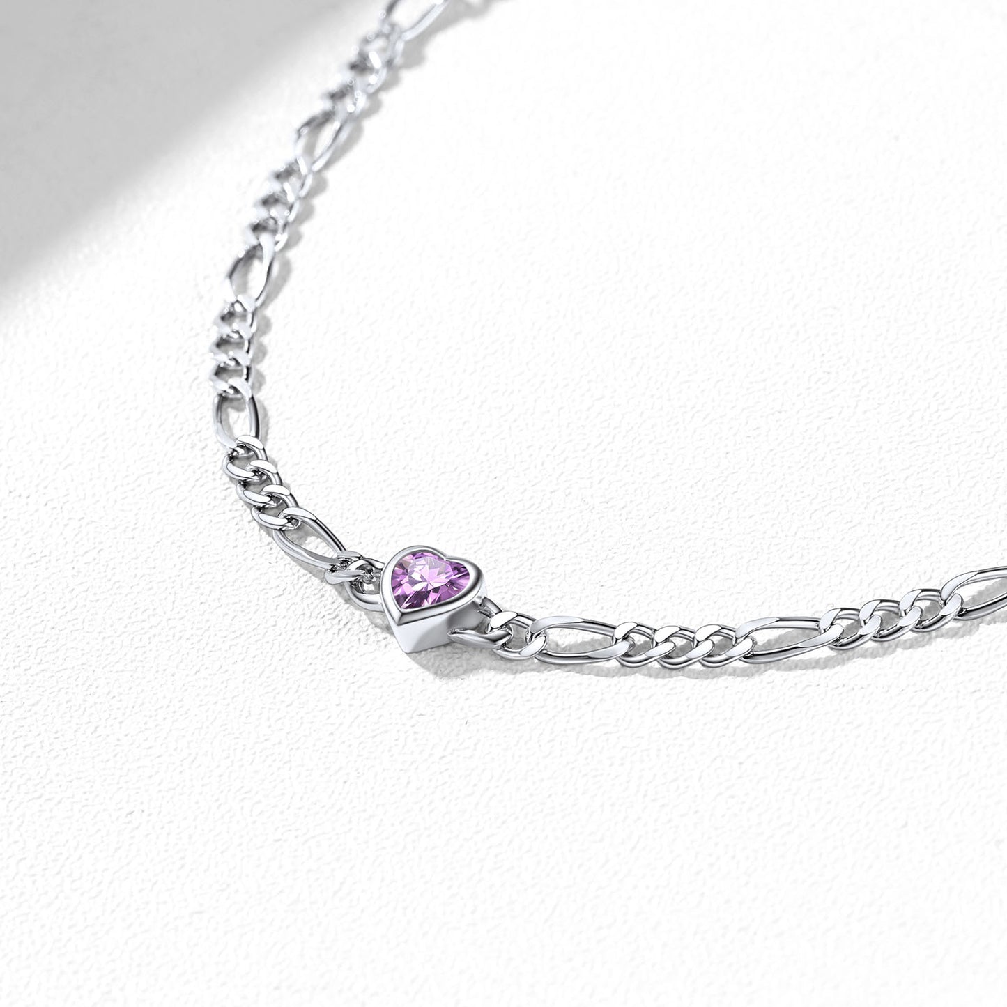 925 Sterling Silver Heart Birthstone Figaro Chain Anklet for Women