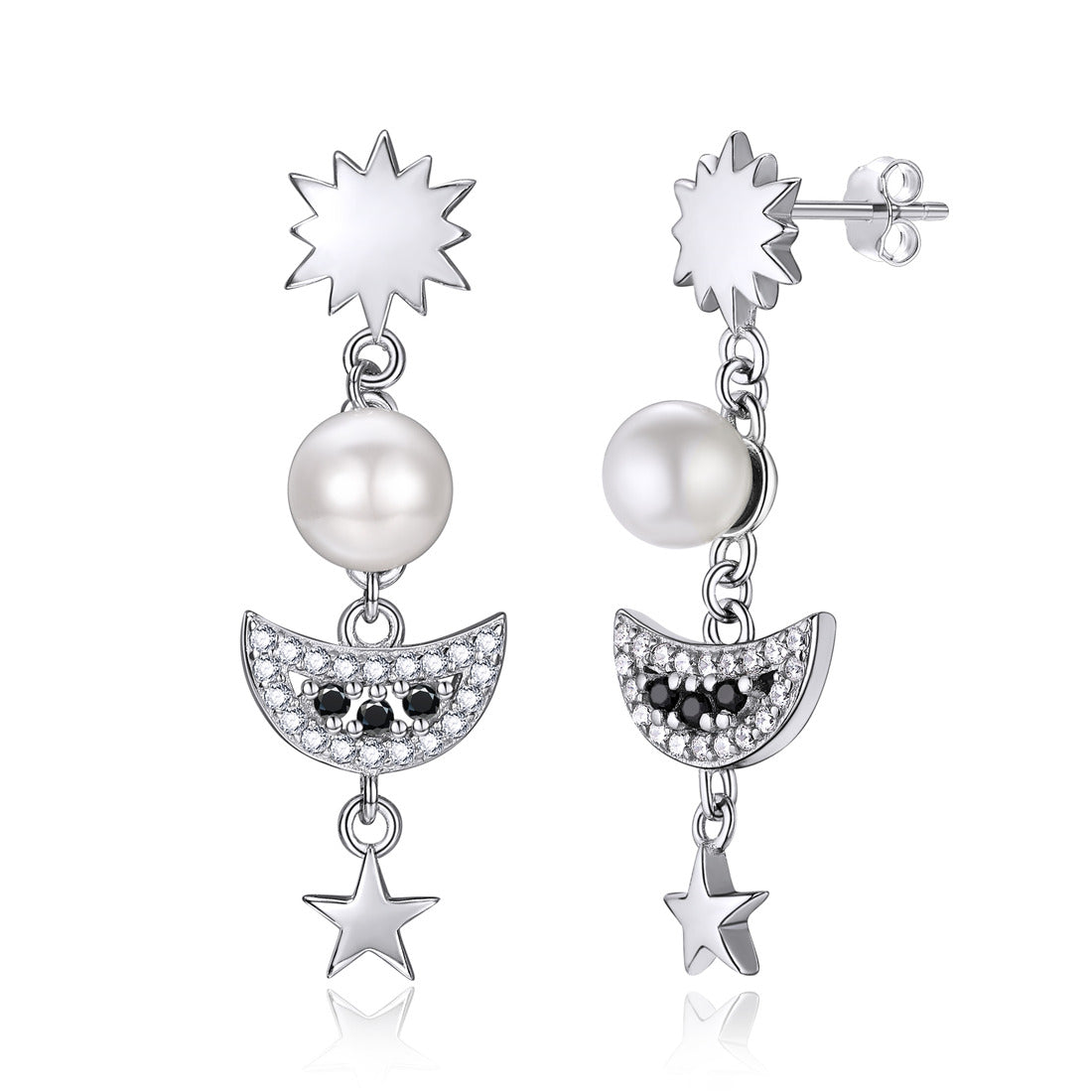 Moon Star Dangle Pearl Stud Earrings Sterling
