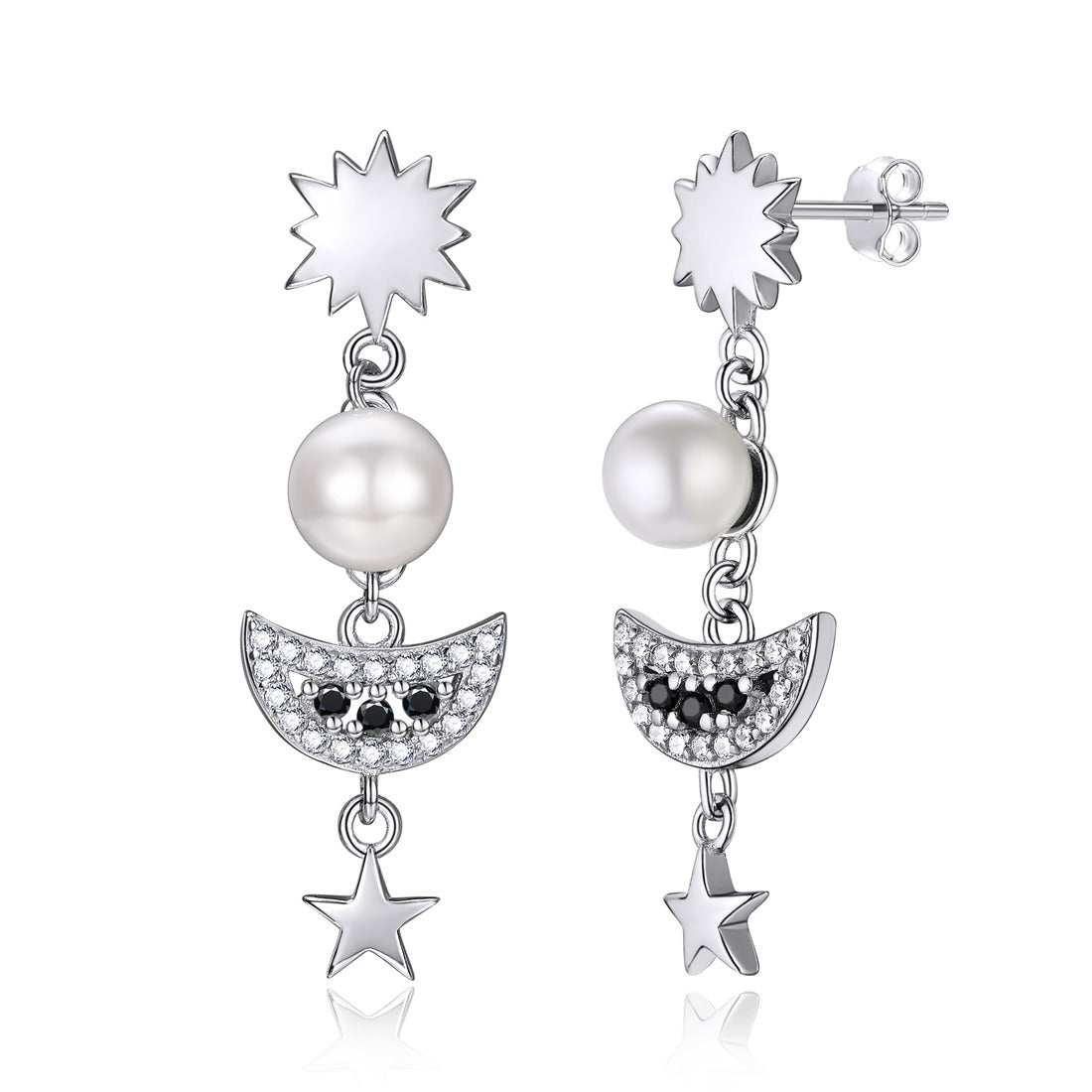 Moon Star Dangle Pearl Stud Earrings Sterling Silver