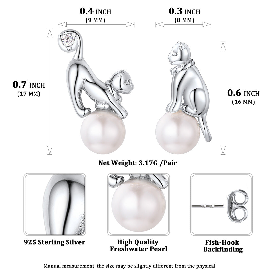 Boucles d'oreilles asymétriques en argent sterling avec perles et chat