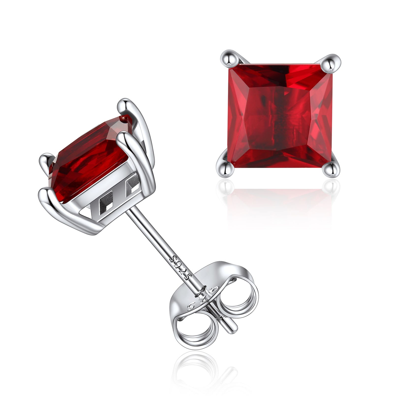 925 Sterling Princess Cut Birthstone Stud Earrings