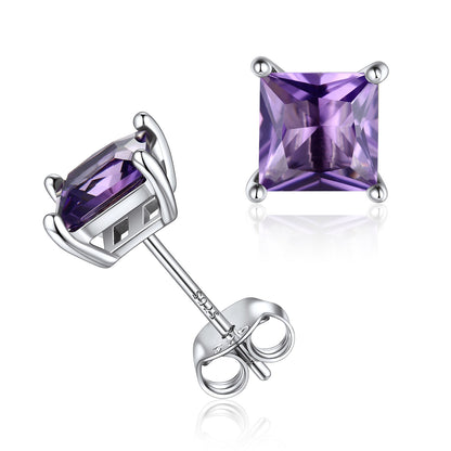 925 Sterling Silver Princess Cut Birthstone Stud Earrings For Women