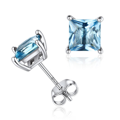 925 Sterling Silver Princess Cut Birthstone Stud Earrings For Women