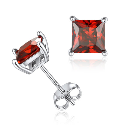 925 Sterling Silver Princess Cut Birthstone Stud Earrings For Women