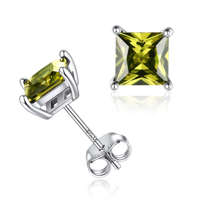 925 Sterling Silver Princess Cut Birthstone Stud Earrings For Women