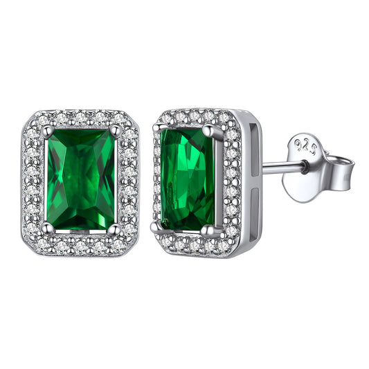 Pendientes de plata de ley con halo cuadrado y piedra de nacimiento