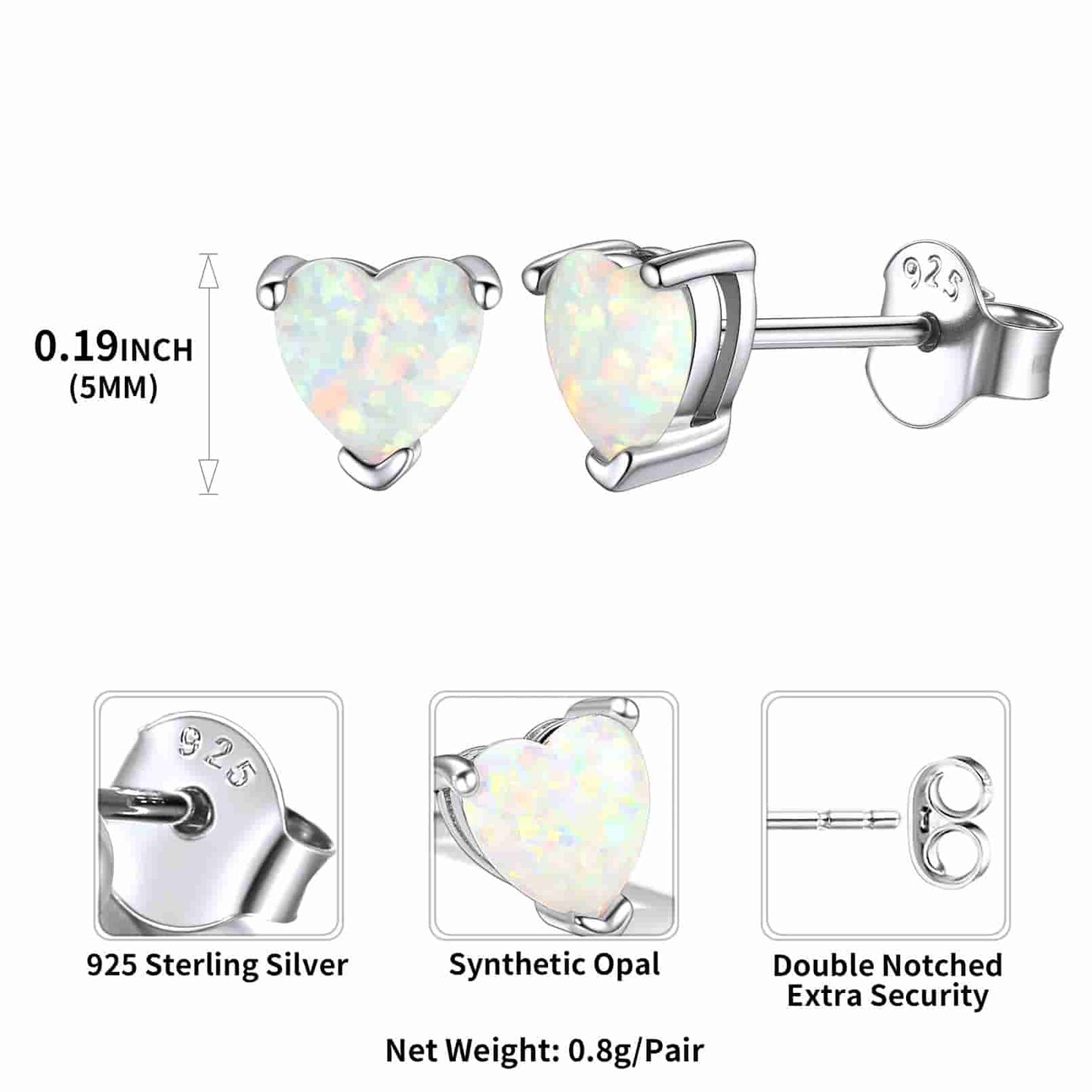 Sterling Silver Heart Opal Stud Earrings