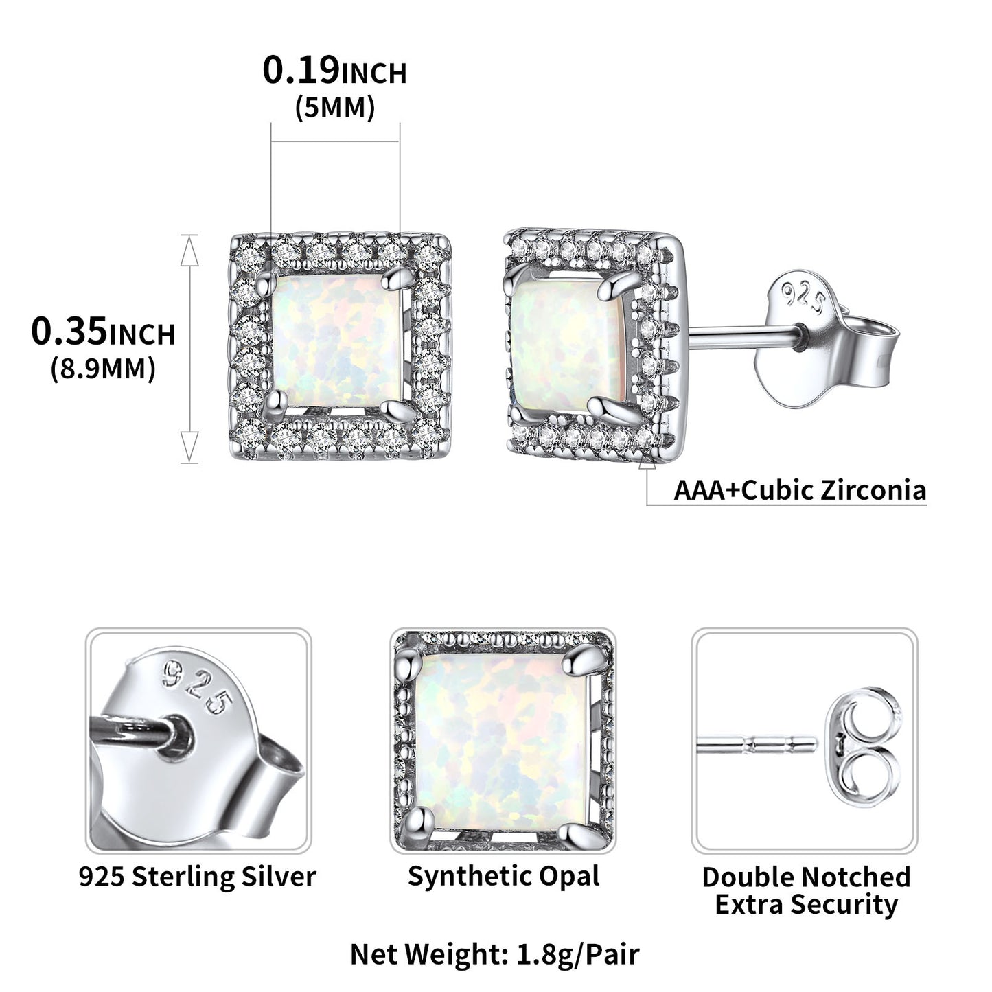 Geometric Square Cubic Zirconia Opal Stud Earrings