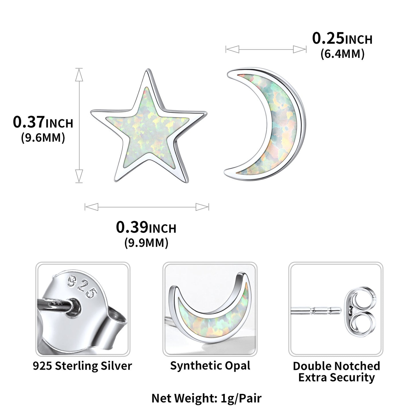 Asymmetrical Moon And Star Opal Stud Earrings