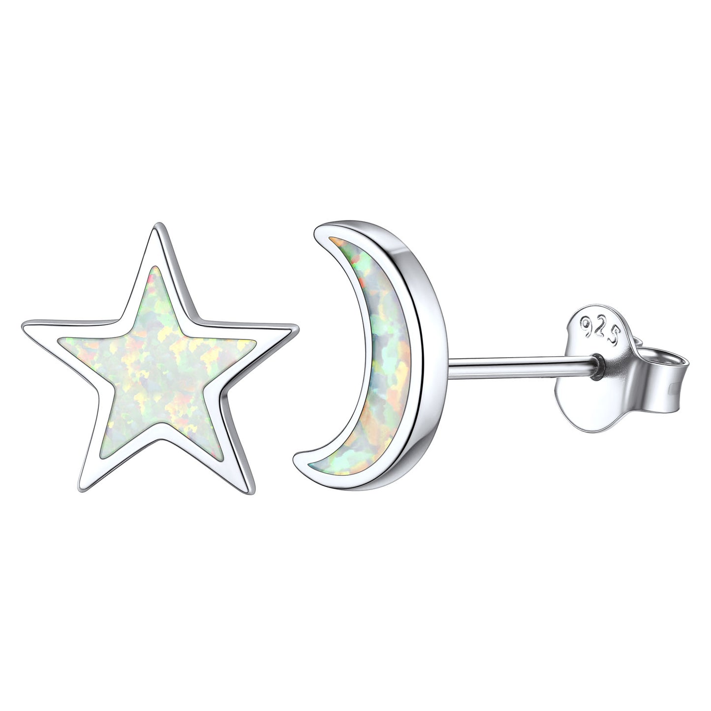 Asymmetrical Moon And Star Opal Stud Earrings