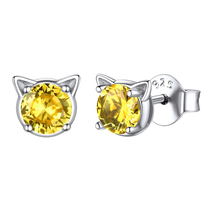 Sterling Silver Birthstone Cat Stud Earrings for Women