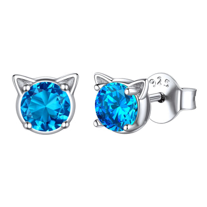 Sterling Silver Birthstone Cat Stud Earrings for Women