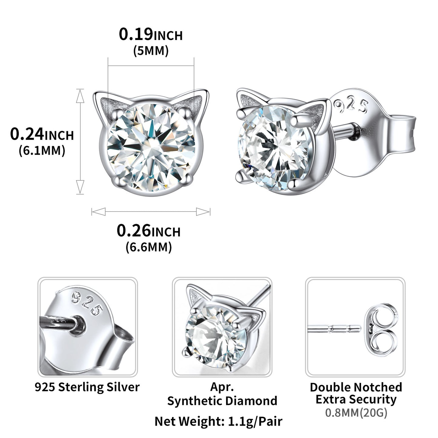 Sterling Silver April Diamond Birthstone Earrings Women Cat Stud Earrings BIRTHSTONES JEWELRY