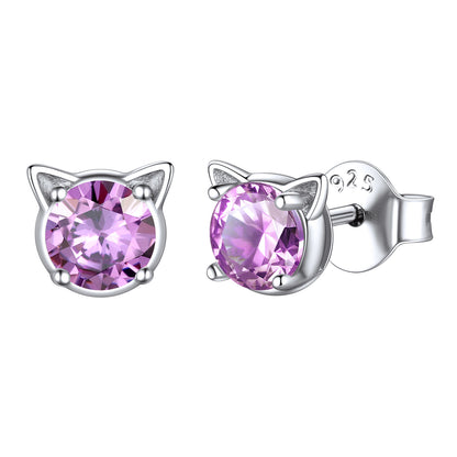 Sterling Silver Birthstone Cat Stud Earrings for Women