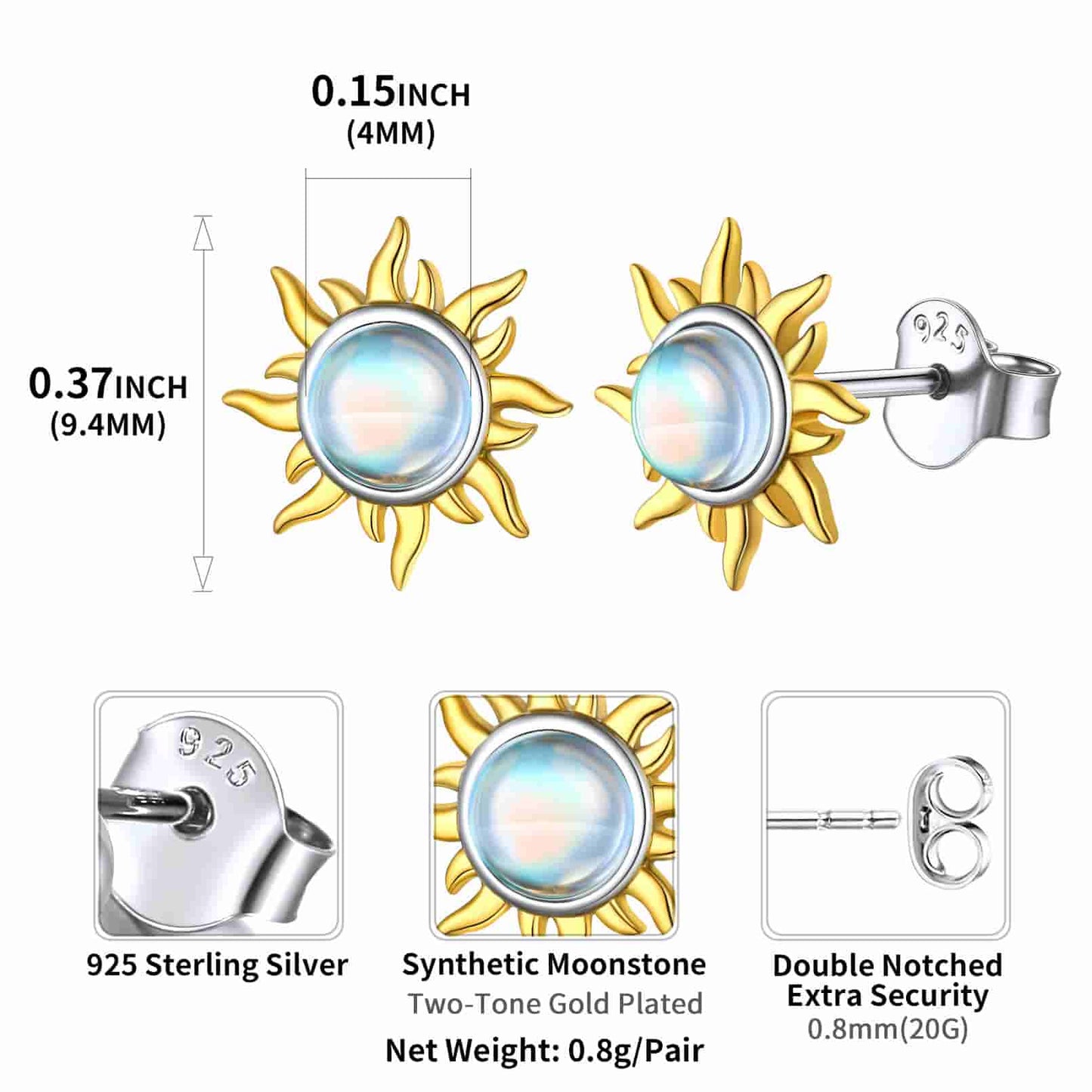Sterling Silver Sun Moonstone Stud Earrings