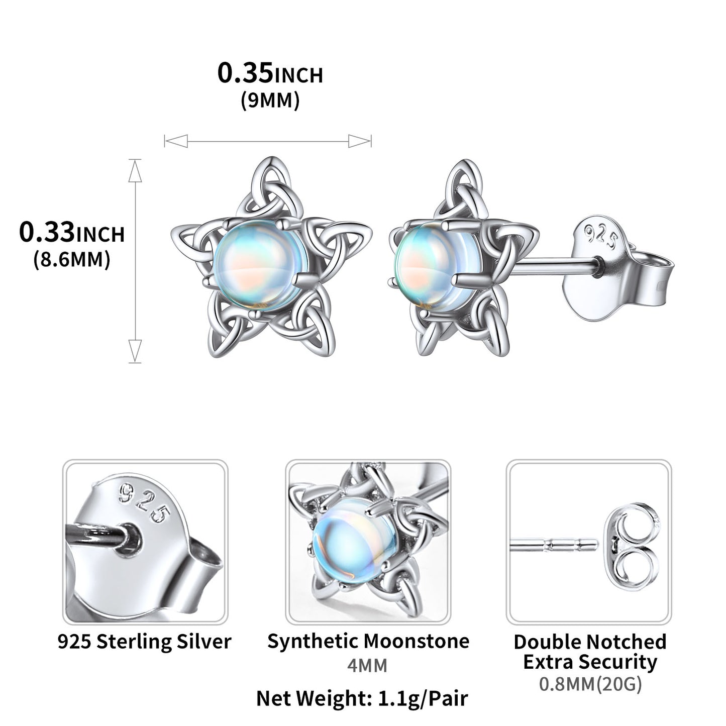 Sterling Silver Celtic Pentagram Star Moonstone Stud Earrings