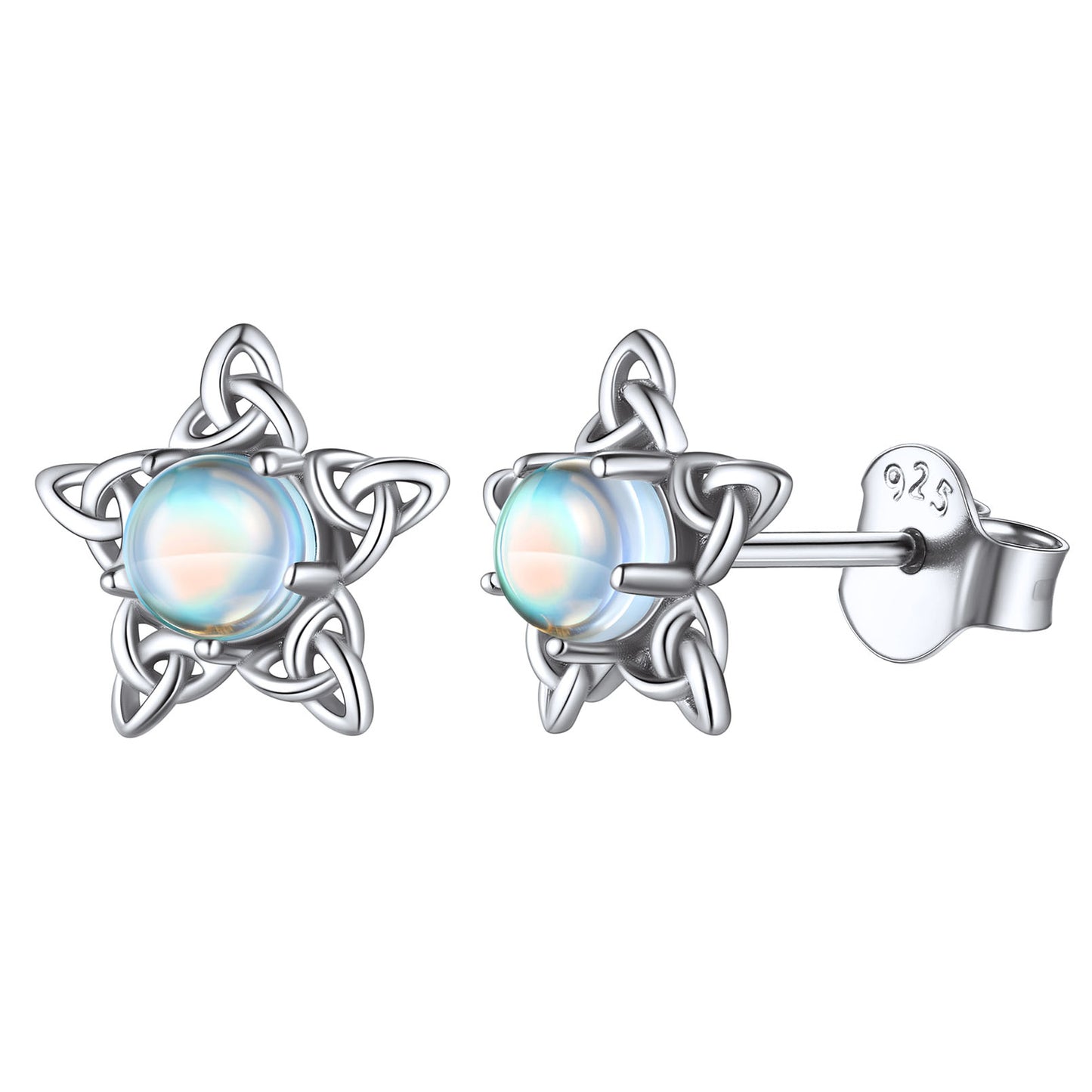 Sterling Silver Celtic Pentagram Star Moonstone Stud Earrings